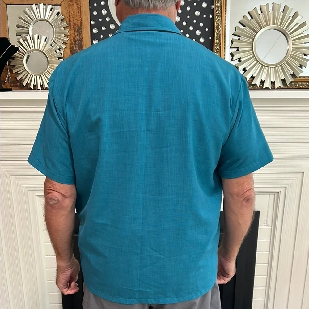 Vintage Inspired Steady Men's Teal and Cream Casual Button Down Bowling Shirt